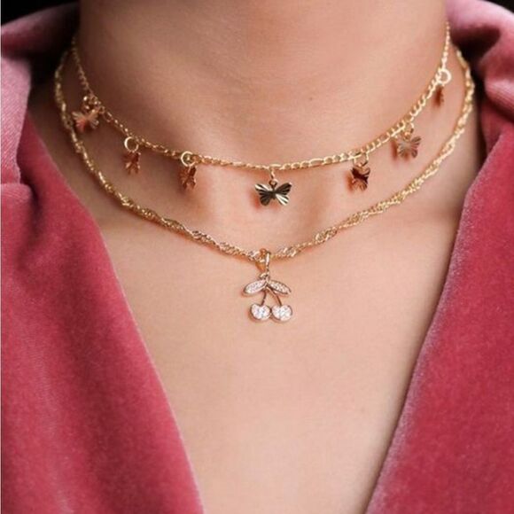NEW! Layered Gold Butterfly & Cherry Charm Necklace - Picture 5 of 6